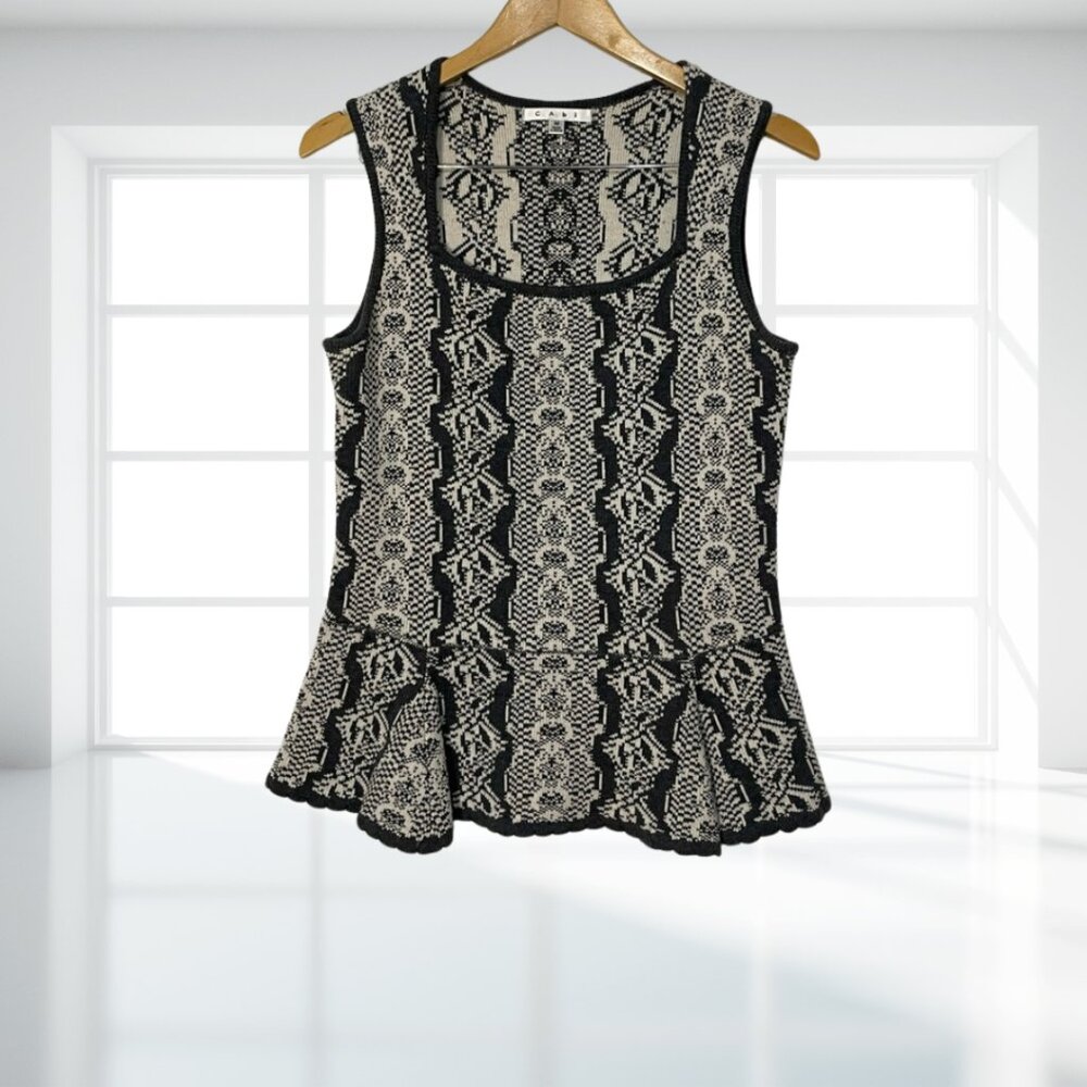 Cabi | Black Cream Geometric Knit Peplum Sleeveless Sweater Tank Top Medium - Picture 2 of 10